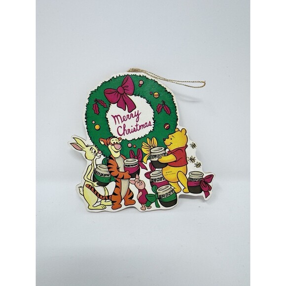 Vintage Disney Winnie the Pooh & Friends Wooden Wreath Merry Christmas Ornament - Picture 2 of 3